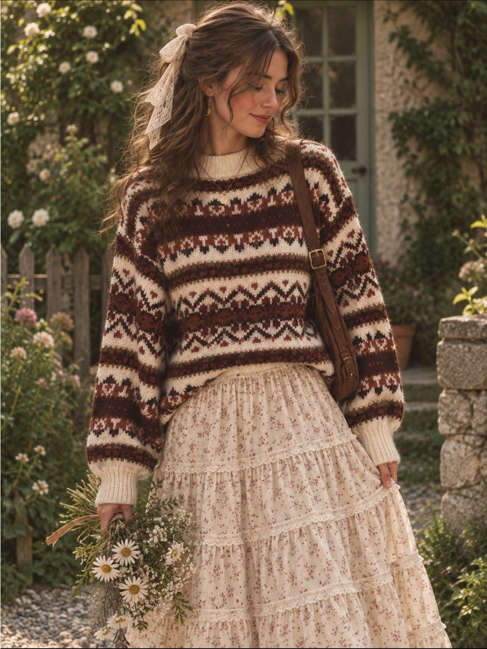 Vintage Hand Knit Fair Isle Nordic Scandinavian Boho Cottagecore Sweater Large